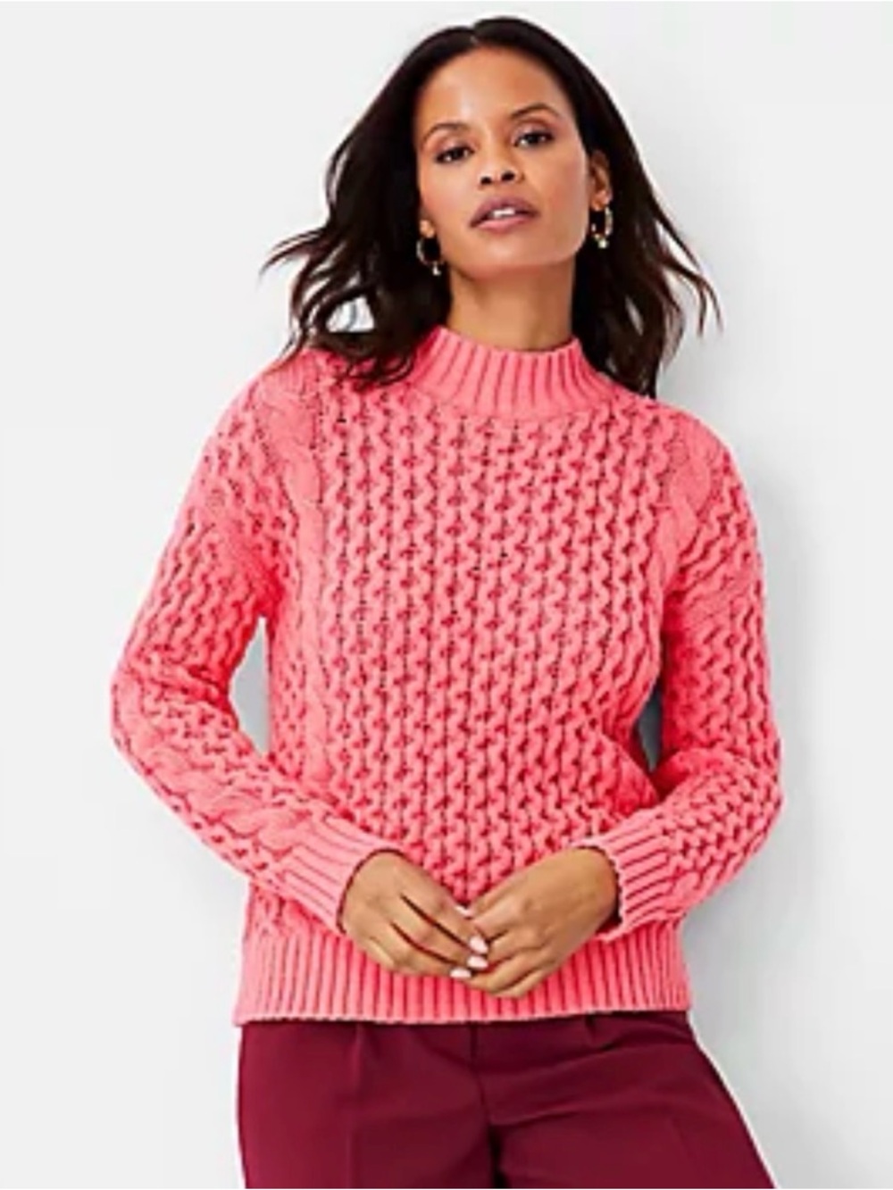 Ann Taylor NWT Watermelon Fizz Honeycomb Cable Knit Sweater SP Petite